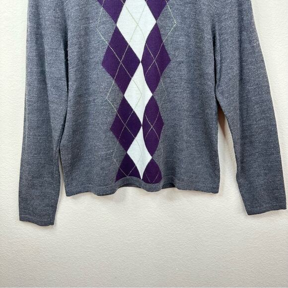 TWEEDS 100% Merino Wool Sweater Button Shoulder Gray Purple White Women’s Sz XL - Picture 5 of 11